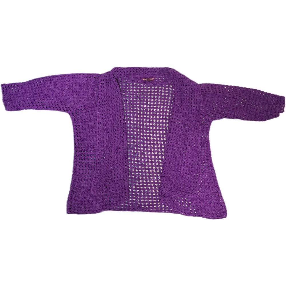 Jessica London Cardigan Women 26/28 Purple Open Knit Crochet 3/4 Sleeve Sweater
